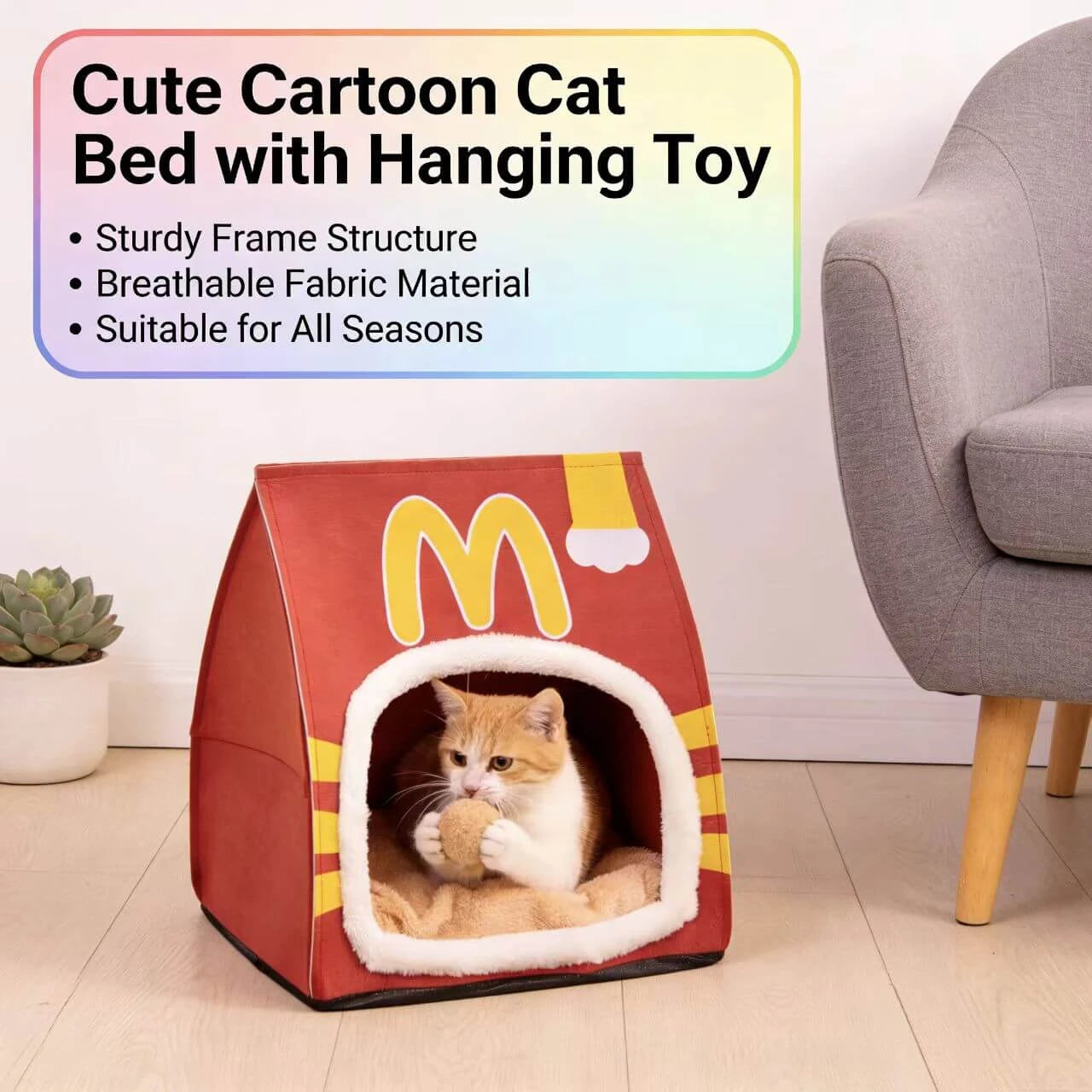 Warm Enclosed Pet Bed for Cats - Snack Box Shape, Canvas, Red/Yellow Rest Cottage