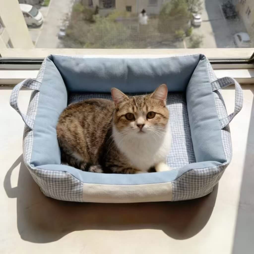 Portable Pet Bed for Cats - Blue Plaid, Square, Handle Design, Soft Fabric