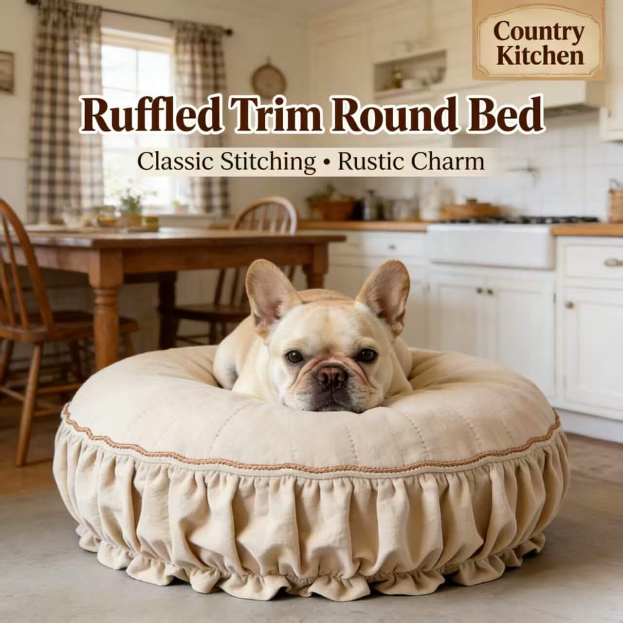 Rustic Cozy Pet Bed for Dogs - Beige, Round, Ruffled Trim, Classic Stitching