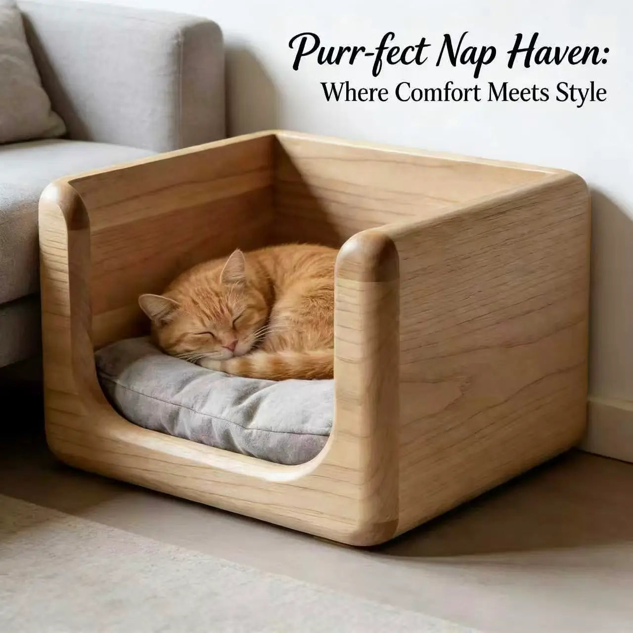 Modern Rounded Wooden Cat Bed: Minimalist Furniture with Cushion, for Cozy Cat Napping