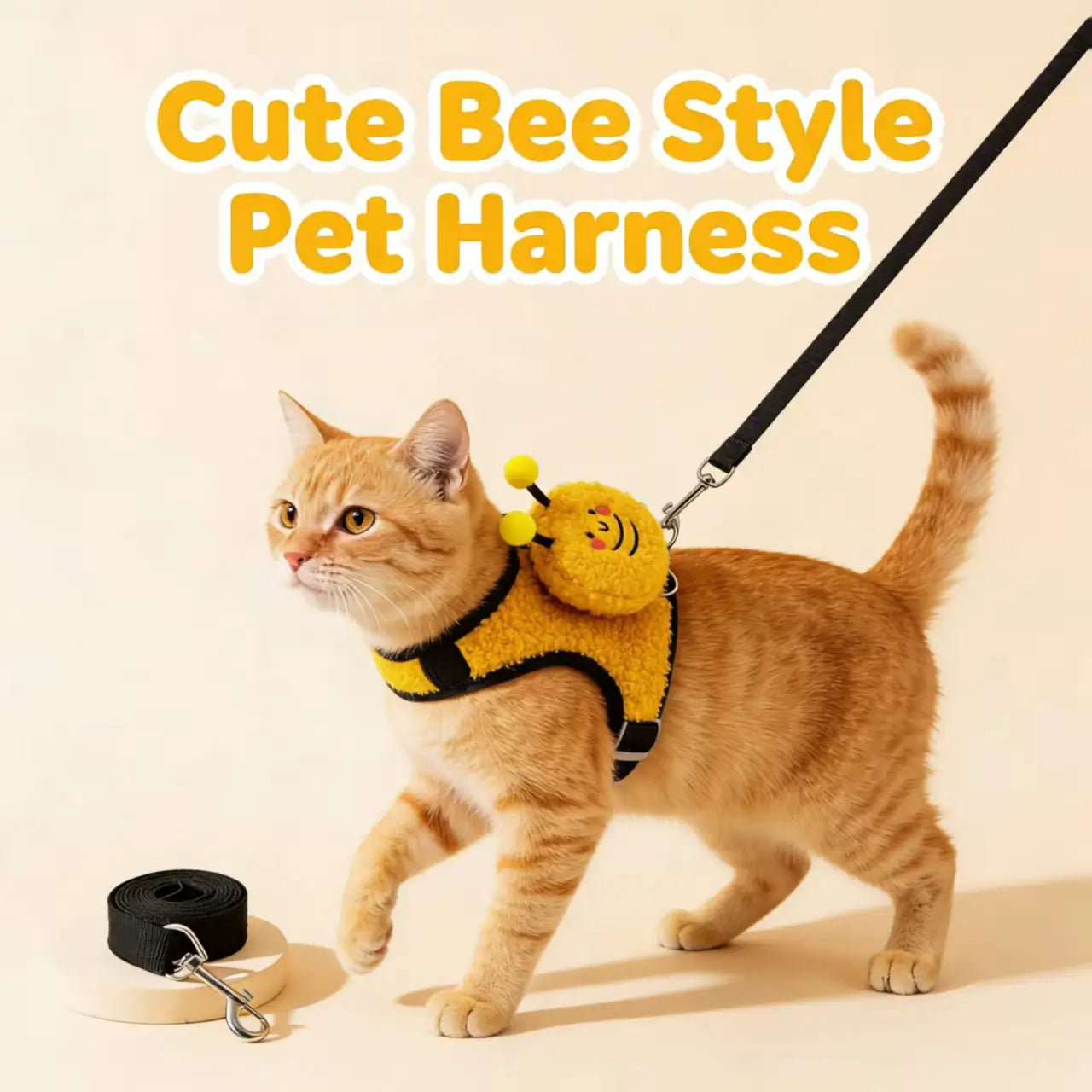 Escape-Proof Cat Harness & Leash: Fuzzy Bee Accent, Warm Sherpa