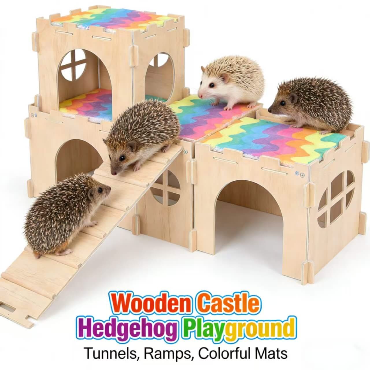 Wooden Castle Hedgehog Playground: Tunnels, Ramps & Colorful Mats for Hedgehogs