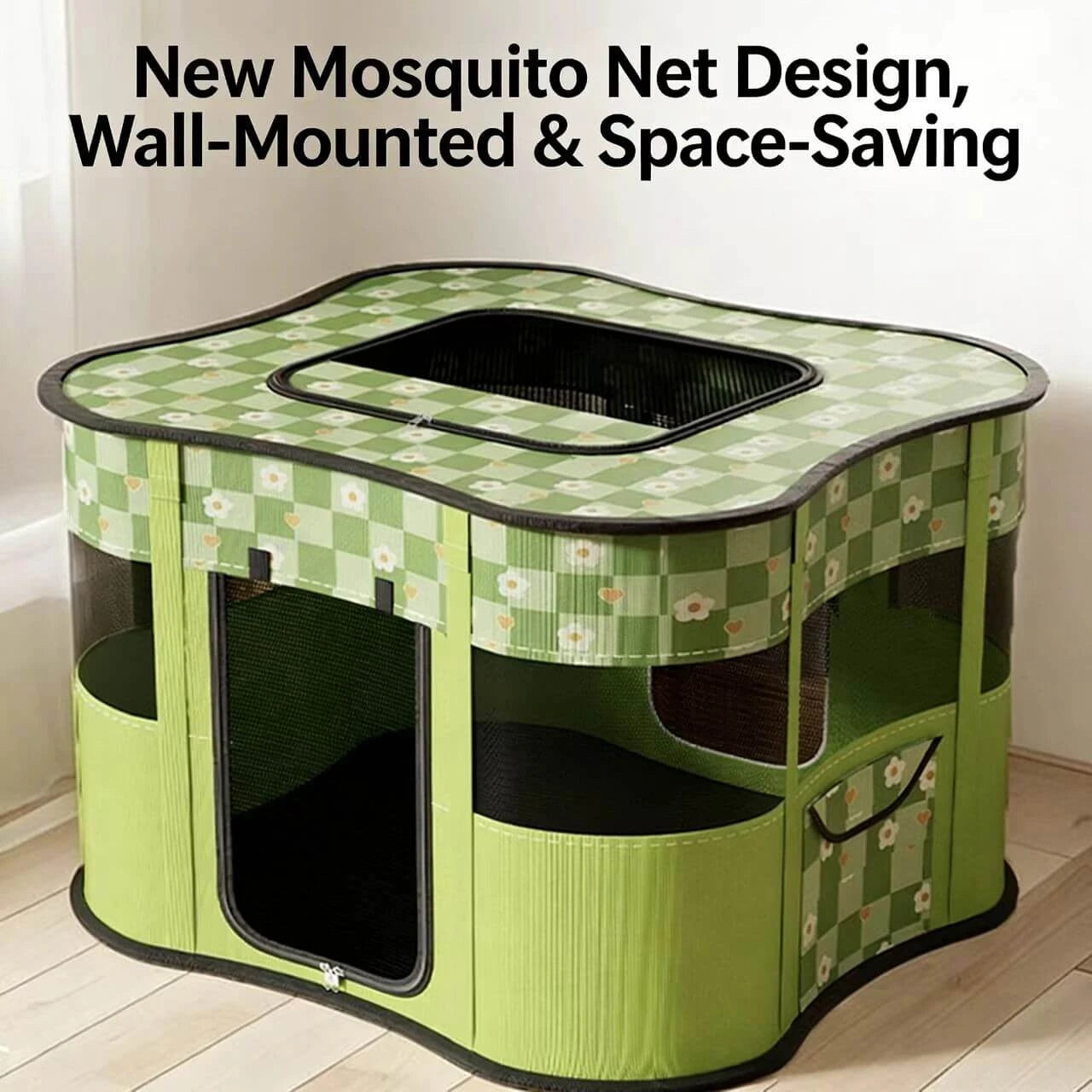 Portable Foldable Pet Playpen - Breathable Mesh, Floral Print, Yellow