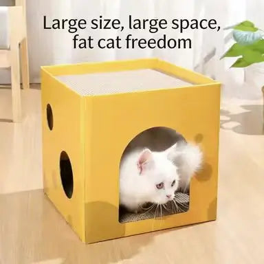 Cheese-Shaped Cat Scratcher: Rest & Scratch, Hideaway, Cardboard Surface (Yellow)