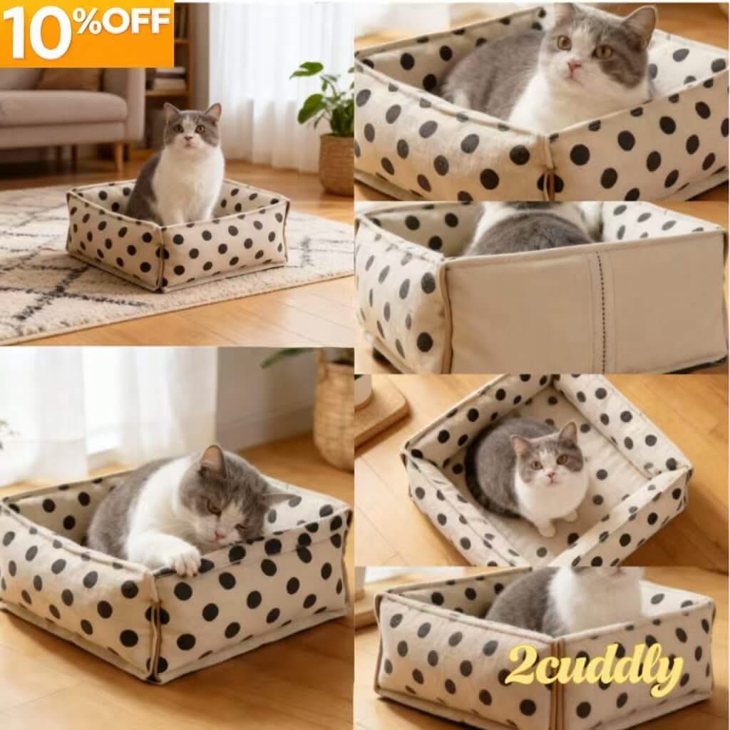 Polka Dot Pet Bed for Cats - Beige-Black, Square, Soft Fabric, Cozy Cushion, All-Season