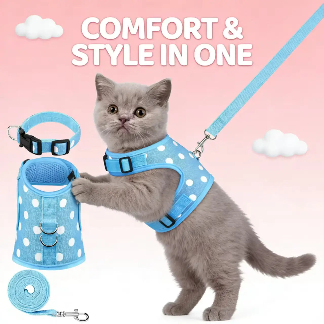 Escape-Proof Cat Harness & Leash Set: Polka Dot Print, Breathable Mesh