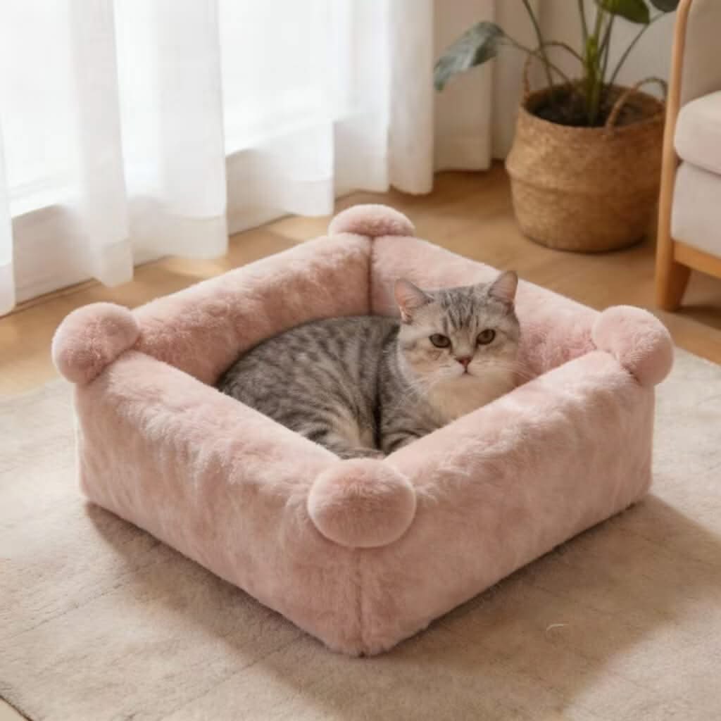 Pom-Pom Pet Bed for Cats - Pink, Plush, Soft Cushion, Cute Design, All-Season