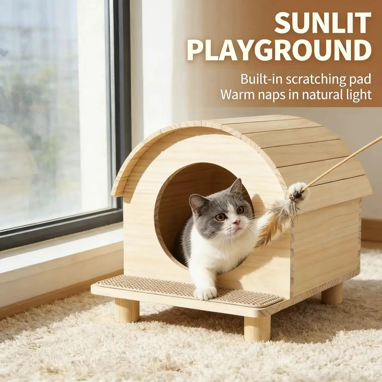 Premium Arched Wooden Cat Bed: Elevated Hideaway with Scratcher Step, for Indoor Cat Comfort