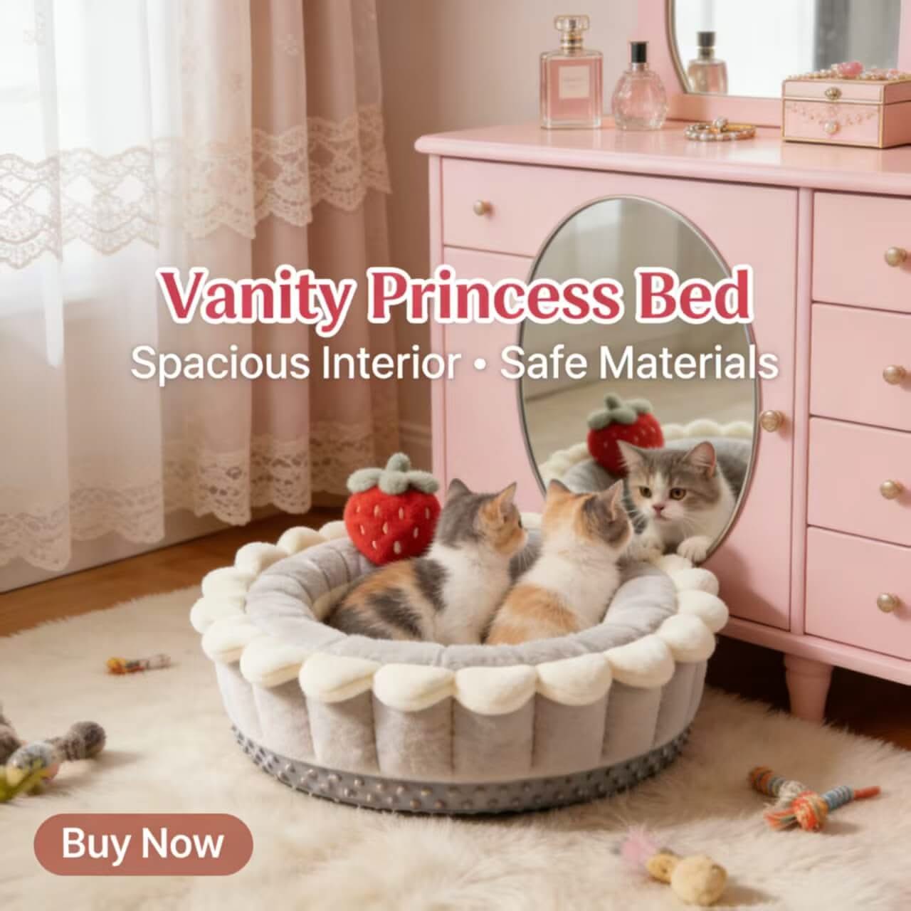 Adorable Cake-Shaped Pet Bed for Cats- Strawberry Decor, Plush Fabric, Gray-White, All-Season