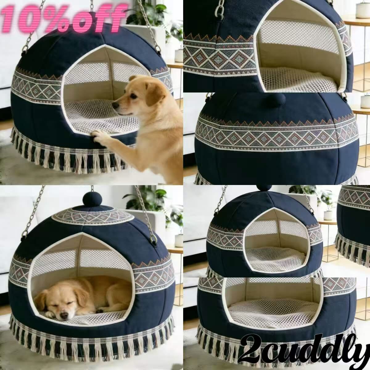 Dog Bed, Hanging Hammock Type, Navy, Breathable Mesh, Secure Chain, Space-Saving Nest