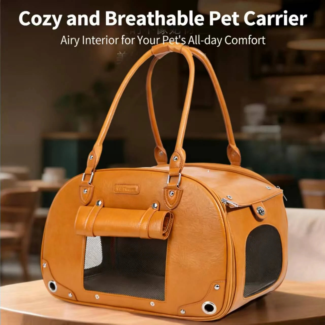 Stylish Cat & Dog Carrier Bag - Portable, Breathable, Tan Leather