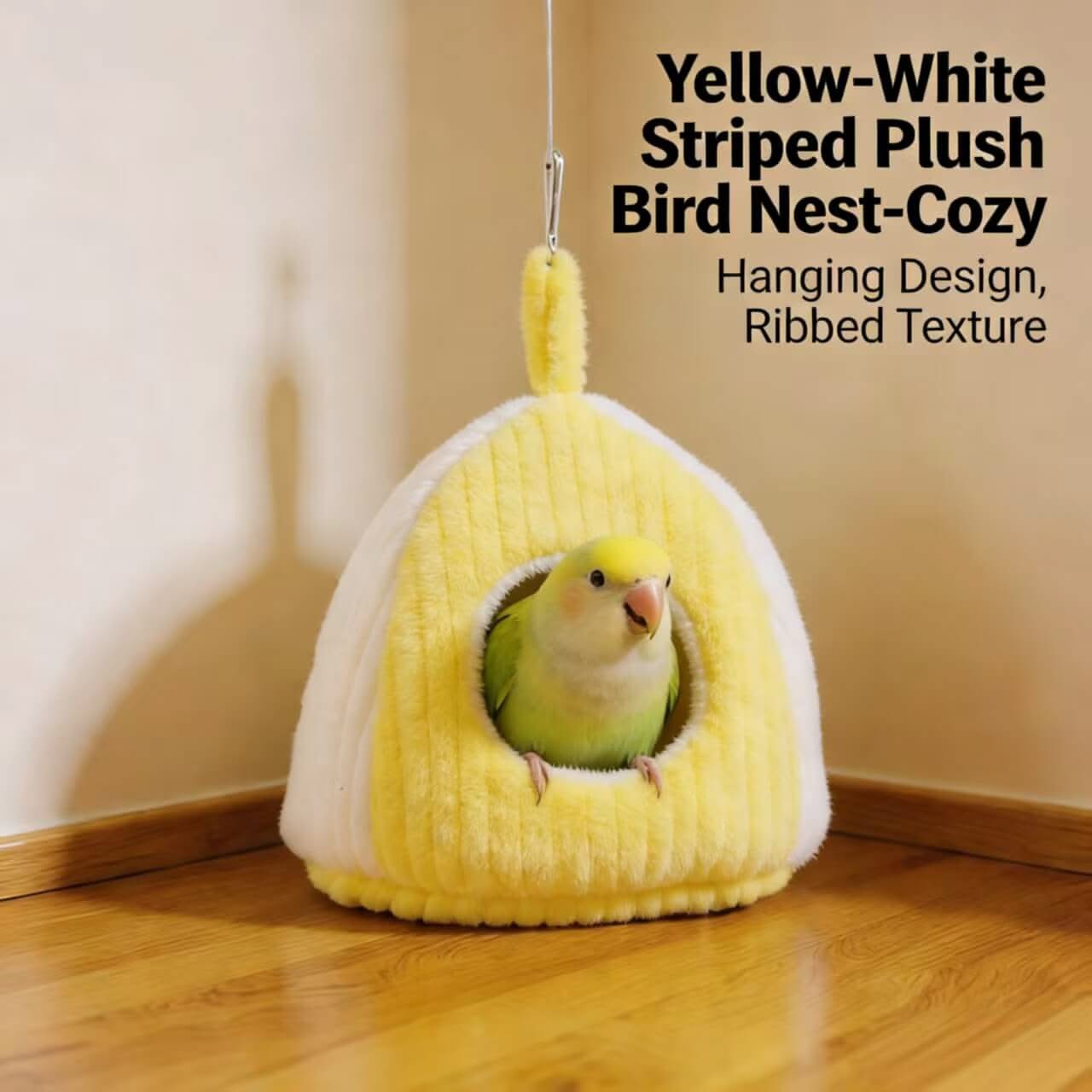 Cozy Yellow-White Striped Plush Bird Nest: Hanging Design, Ribbed Texture for Parrots