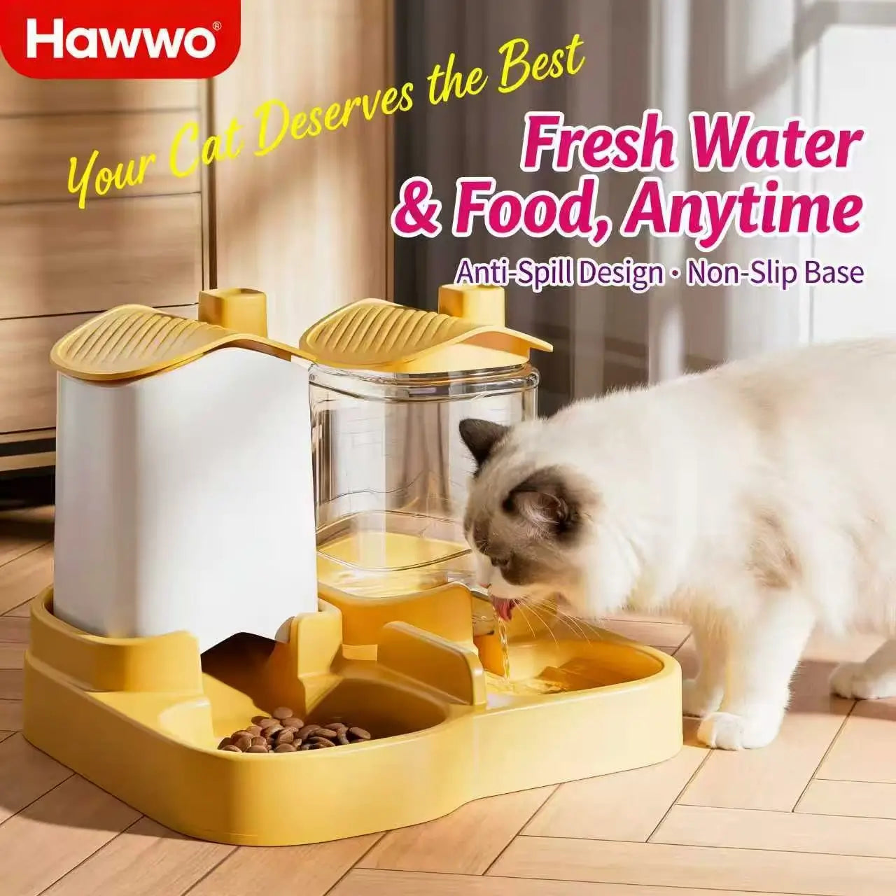 2-in-1 Cat Feeder & Waterer: Space-Saving Design, Easy Assembly (Yellow-White)