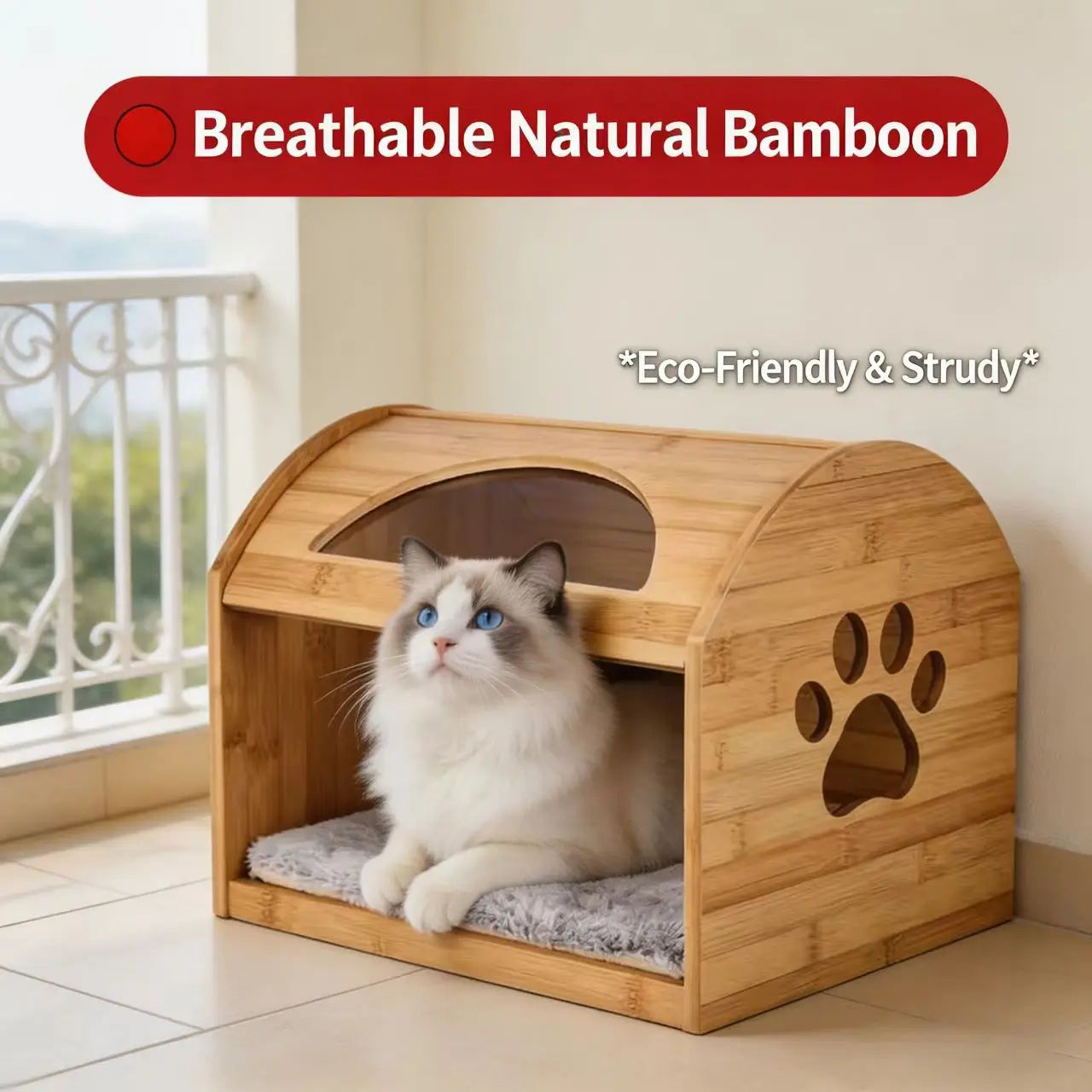 Bamboo Cat House - Paw Print Cutout, Plush Cushion, Natural Bamboo