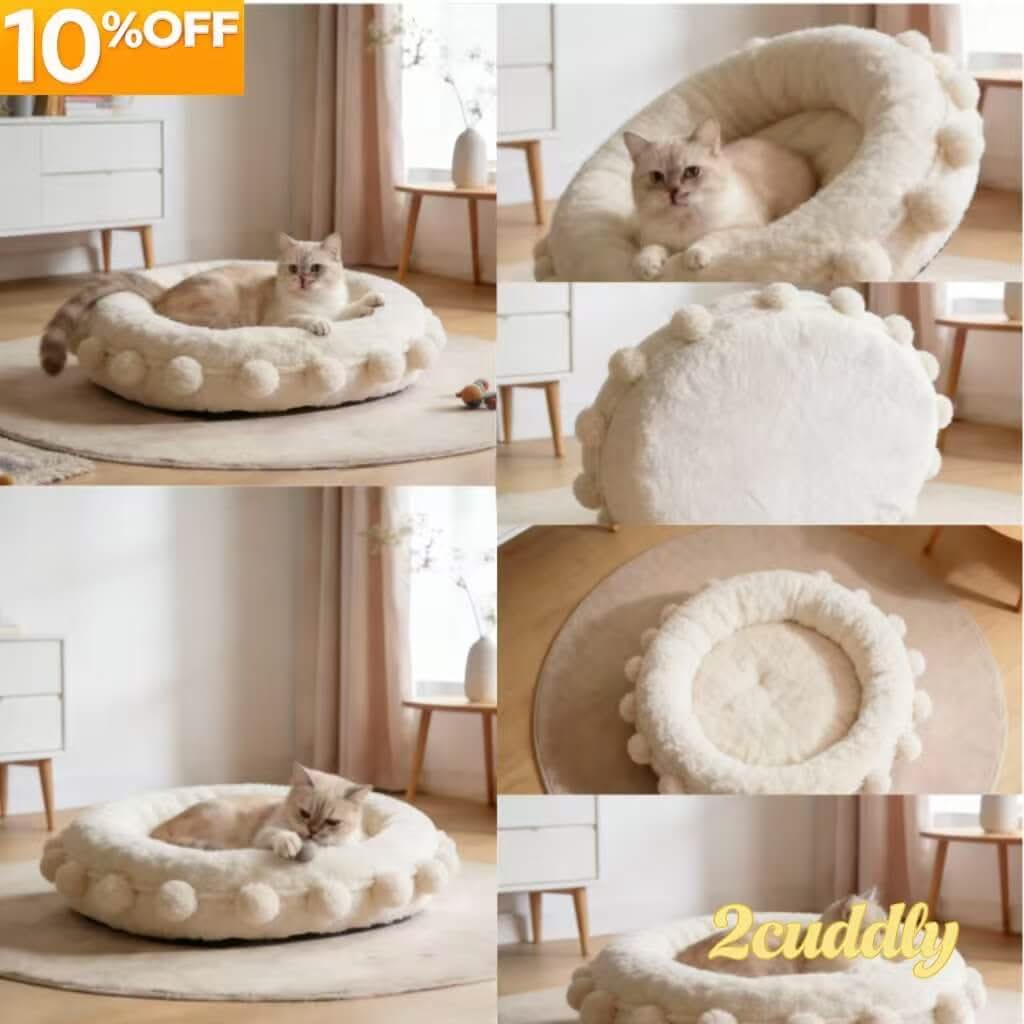 Pom-Pom Pet Bed for Cats - Cloud-Soft, Faux Fur, White, Anti-Slip, Cozy Cushion
