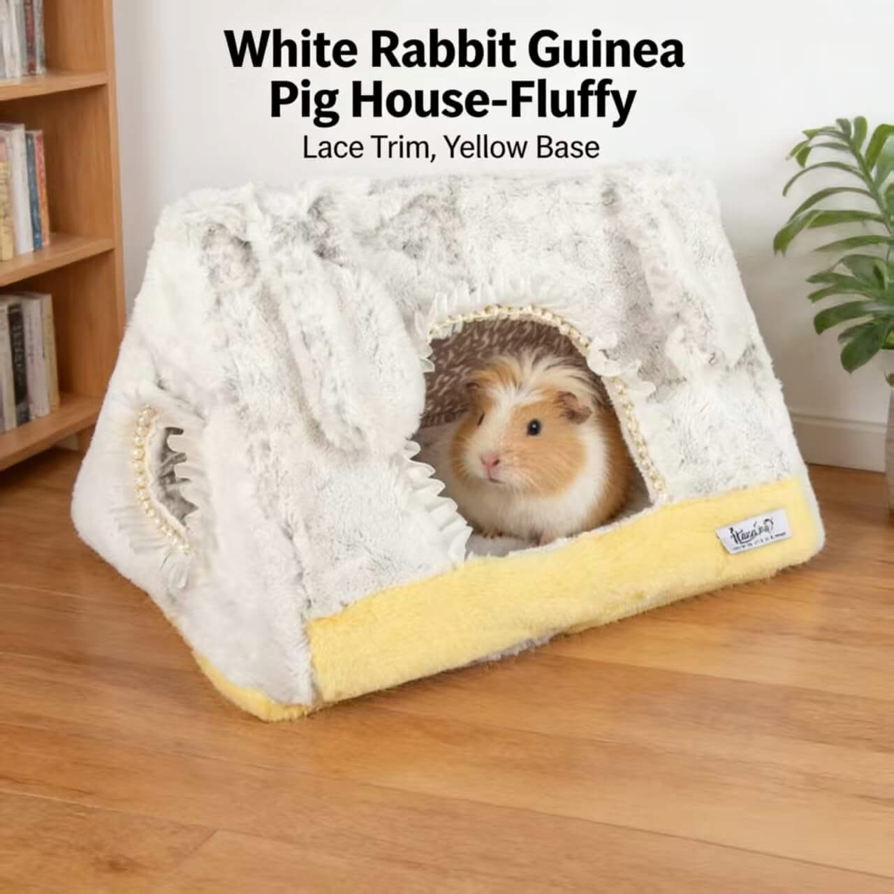 Fluffy White Rabbit Guinea Pig House: Lace Trim, Yellow Base