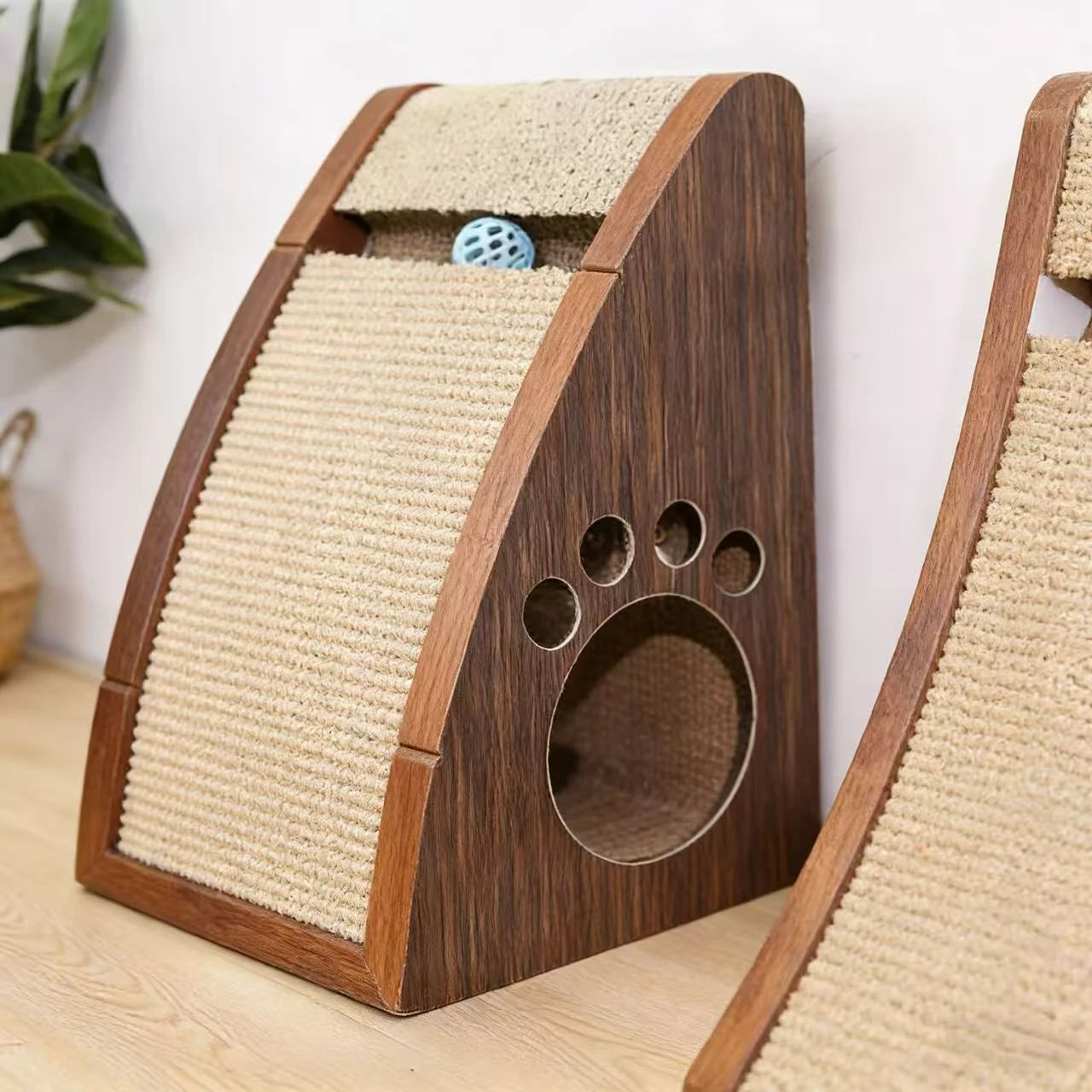 Scratching Play Hide Cat Scratcher for Cats - Corrugated Paper Wood-Look Cave Ball Toy Paw Holes