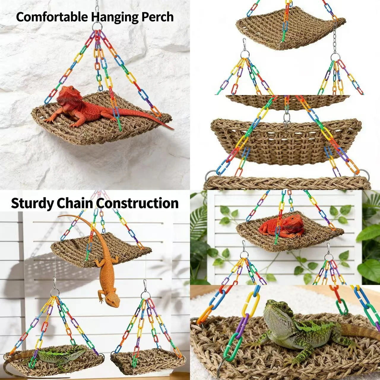 Hang & Rest Lizard Hanging Hammock for Reptiles (Lizards) - Woven Material Rainbow Chain