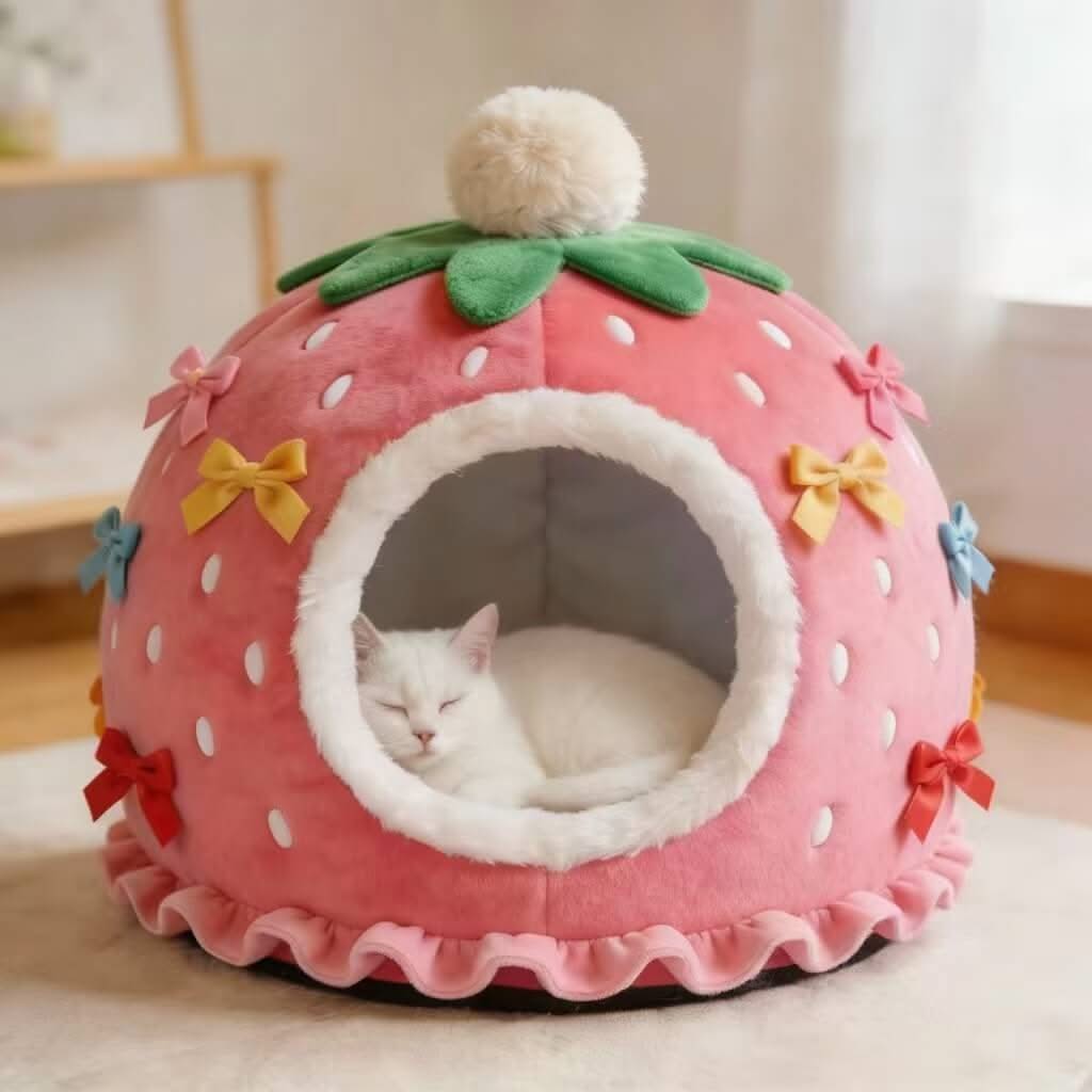 Adorable Strawberry Pet Cave Bed for Cats - Bow Decor, Ruffled, Plush, Pink, Cozy Hiding Spot, All-Season