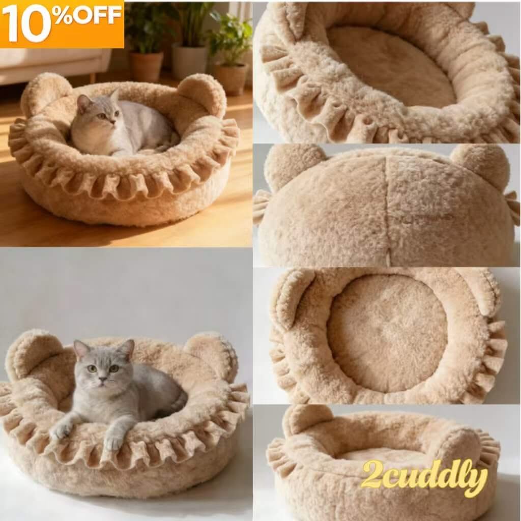 Adorable Ear-Shaped Pet Bed for Cats - Ruffled Trim, Plush Fleece, Beige, Cozy Cushion, All-Season