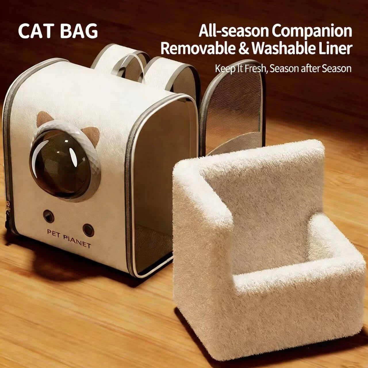 Cold-Weather Pet Backpack Carrier - Thermal Lining, Clear View, Beige