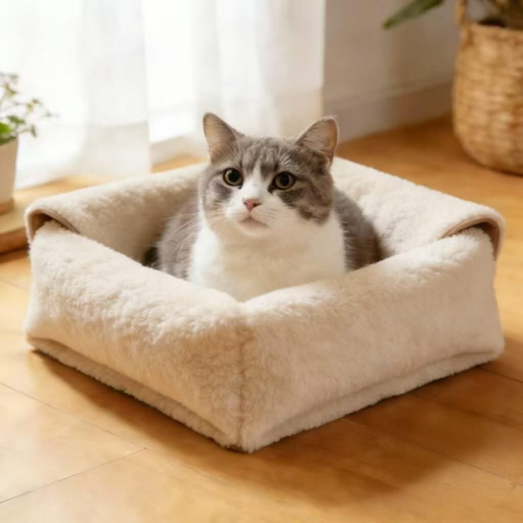 Shearling-Like Pet Bed for Cats - Cream, Square, Soft Plush, Cozy Cushion, All-Season