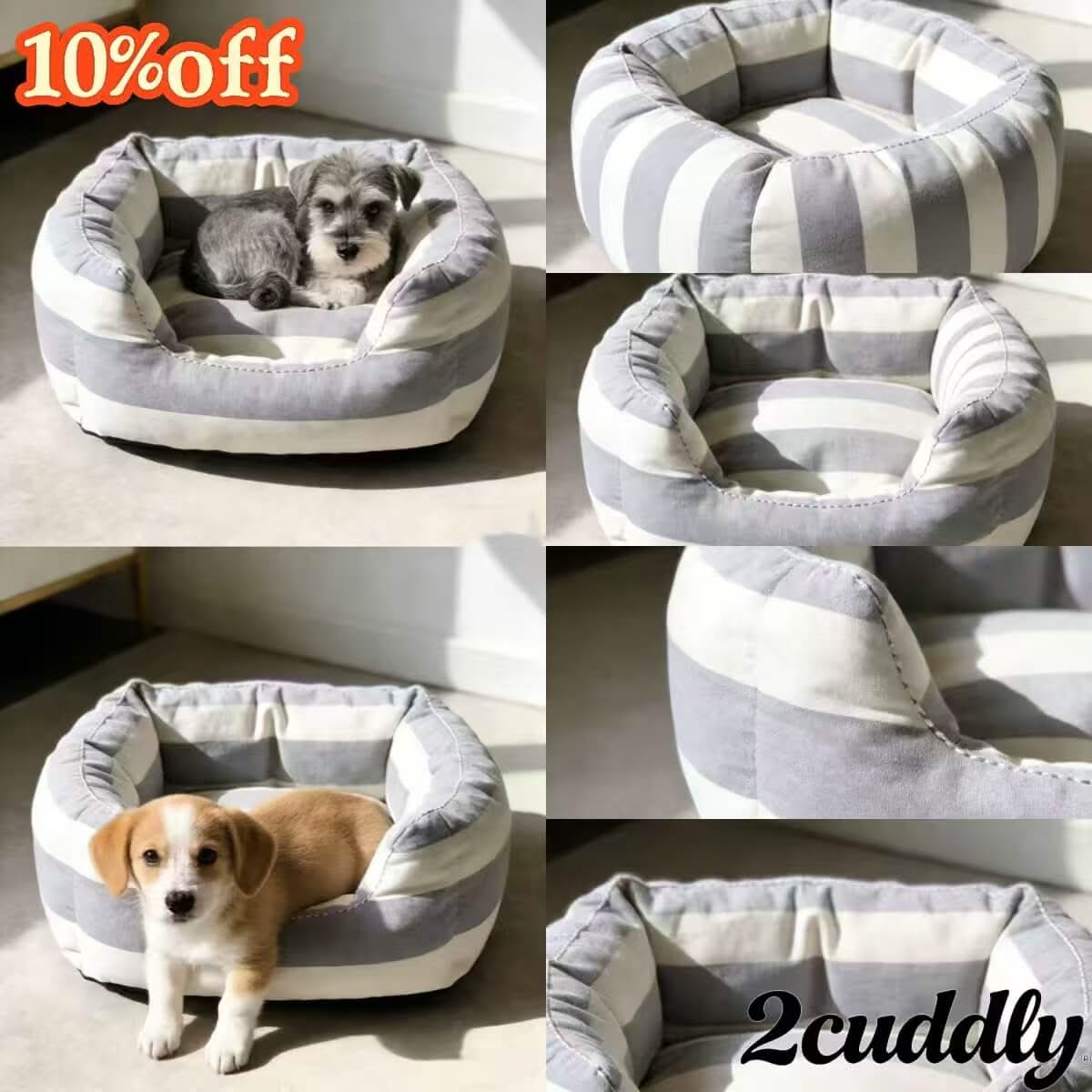 Scandinavian-Living Pet Bed for Dogs - Round, Grey-White Striped Linen, Breathable, Minimalist Look