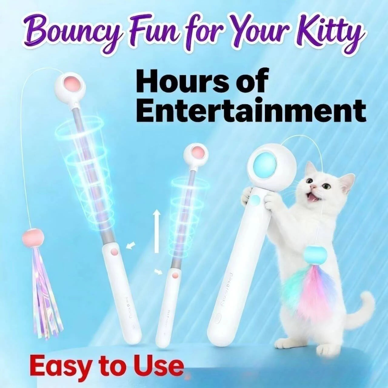 Auto-Bounce Interactive Cat Teaser Wand - Retractable, LED Light, White