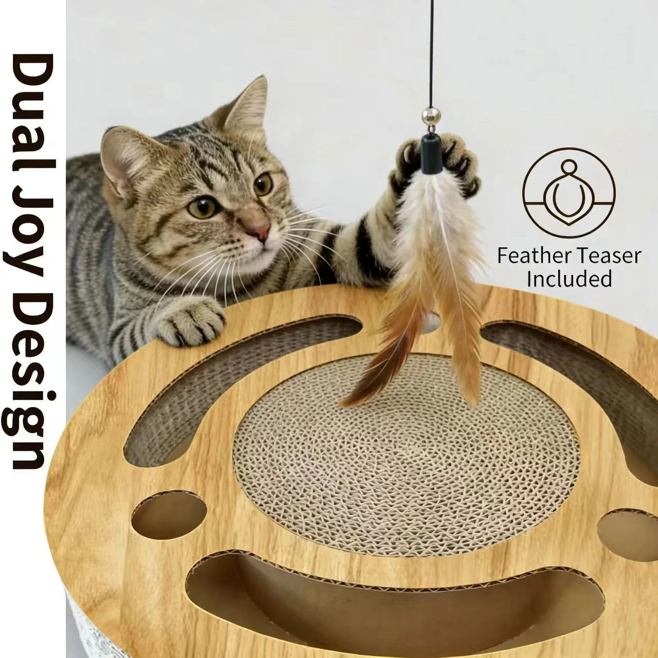 Interactive & Scratching Cat Toy/Scratcher for Cats - Bell, Corrugated Pad, Wood-Look