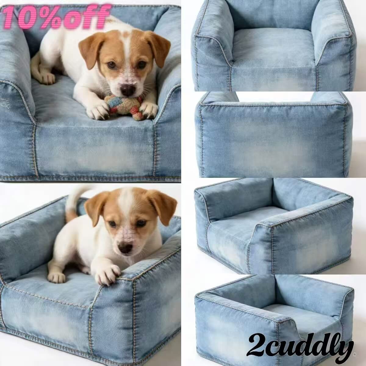 Playful Spot Dog Bed, Square Design, Denim, Blue, Washable, Vintage Nest