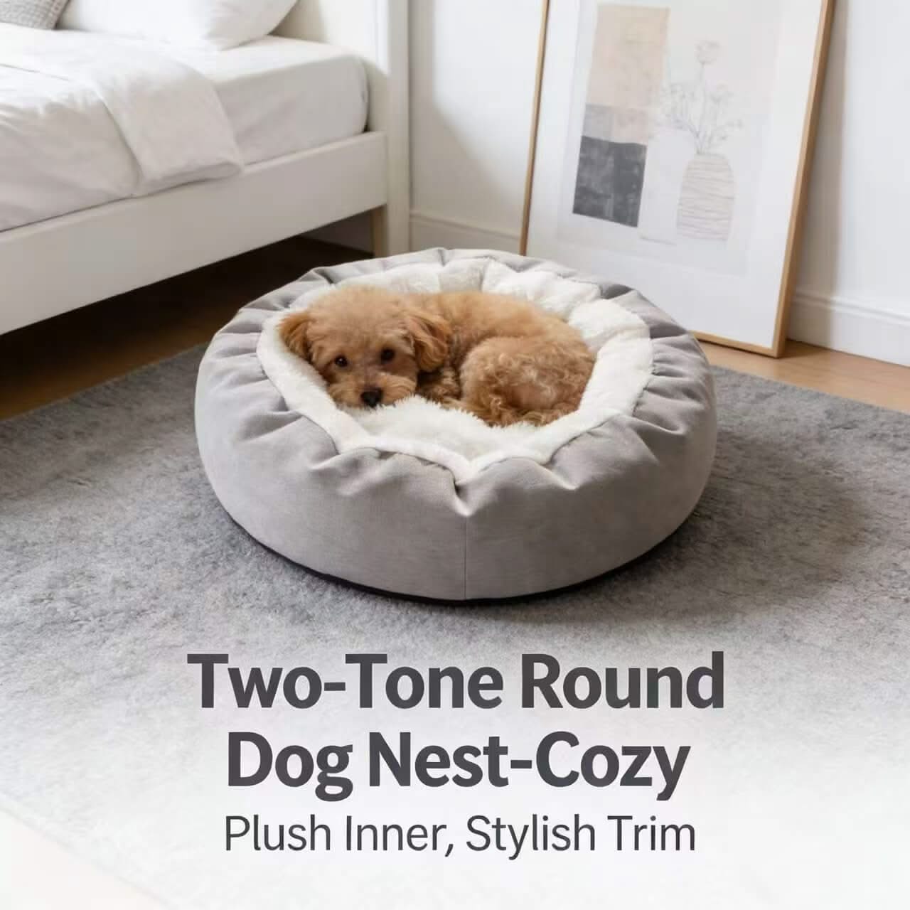 Cozy Two-Tone Pet Bed for Dogs - Gray-White, Round, Plush Inner, Stylish Trim