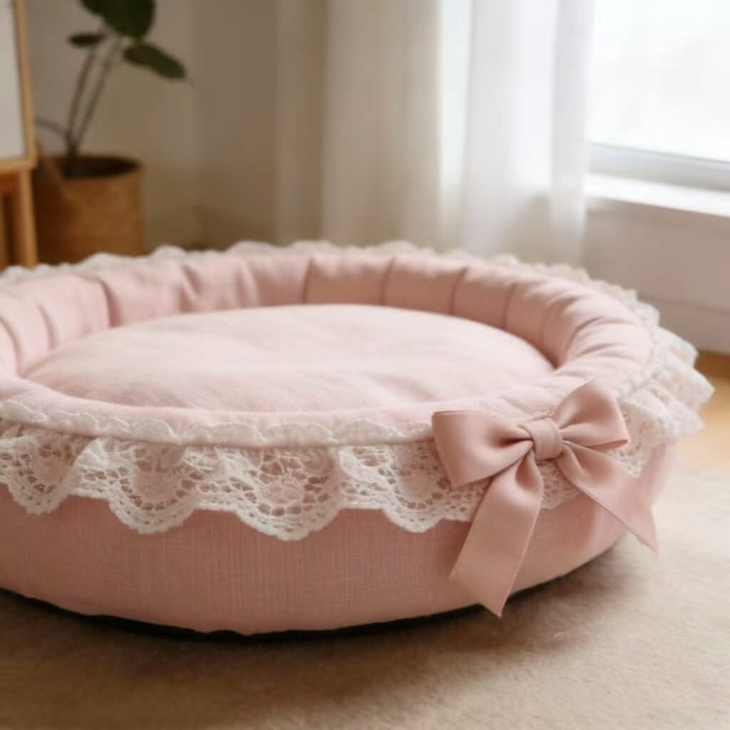 Elegant Lace Pet Bed for Cats - Pink, Bow Decor, Round, Soft Cushion, All-Season