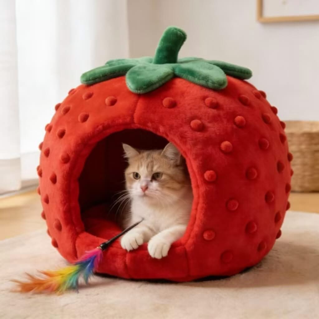 Strawberry-Shaped Pet Cave Bed for Cats - Red-Green, Plush, Cute Dot Decor