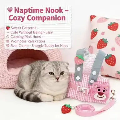 Escape-Proof Cat Harness & Leash: Strawberry Bear Accent, Plaid Overalls Design