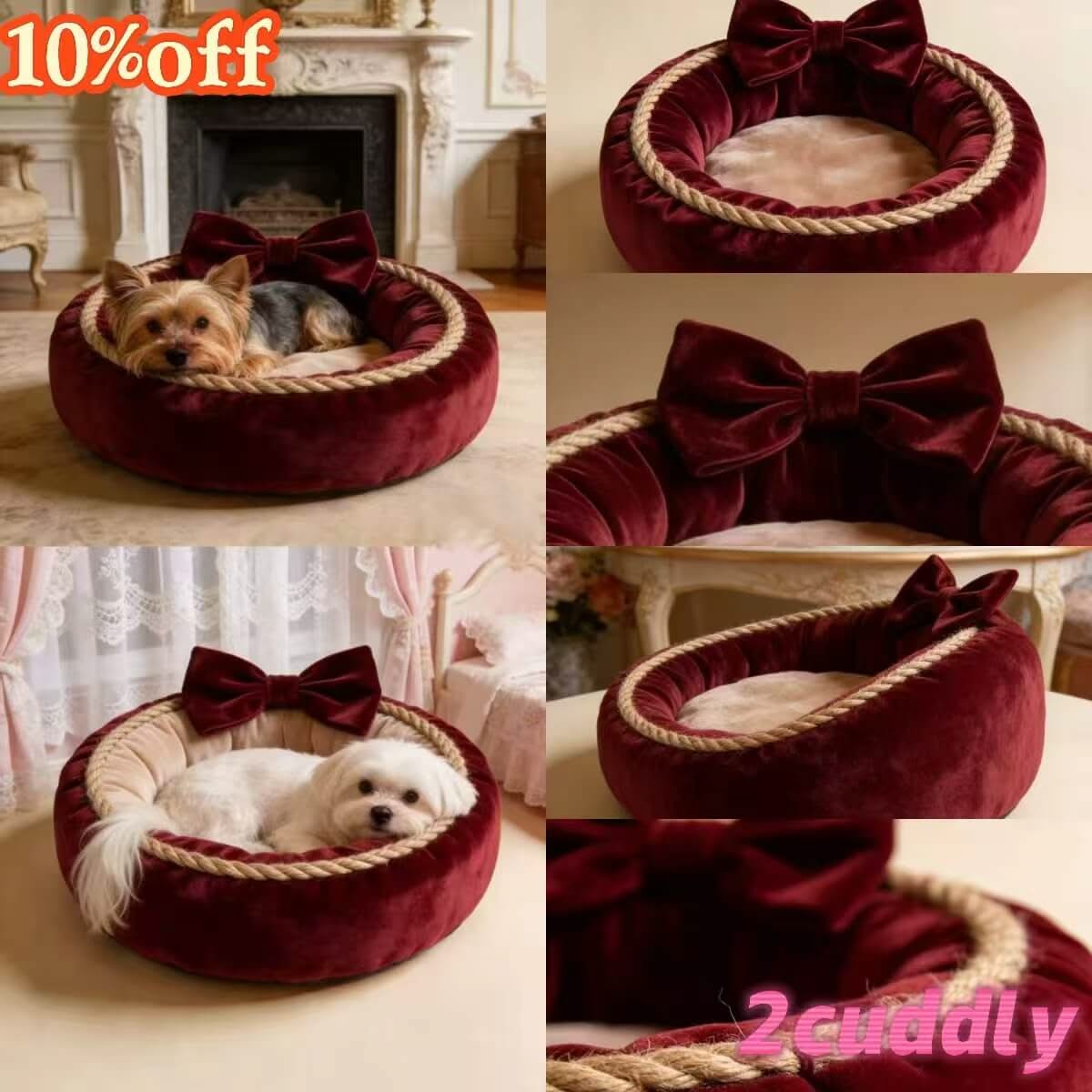 Elegant Velvet Pet Bed for Dogs - Burgundy, Round, Bow Decor, Plush Lining