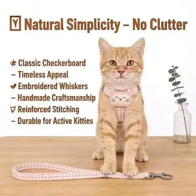Escape-Proof Cat Harness & Leash: Cute Cat Face Accent, Plaid Design