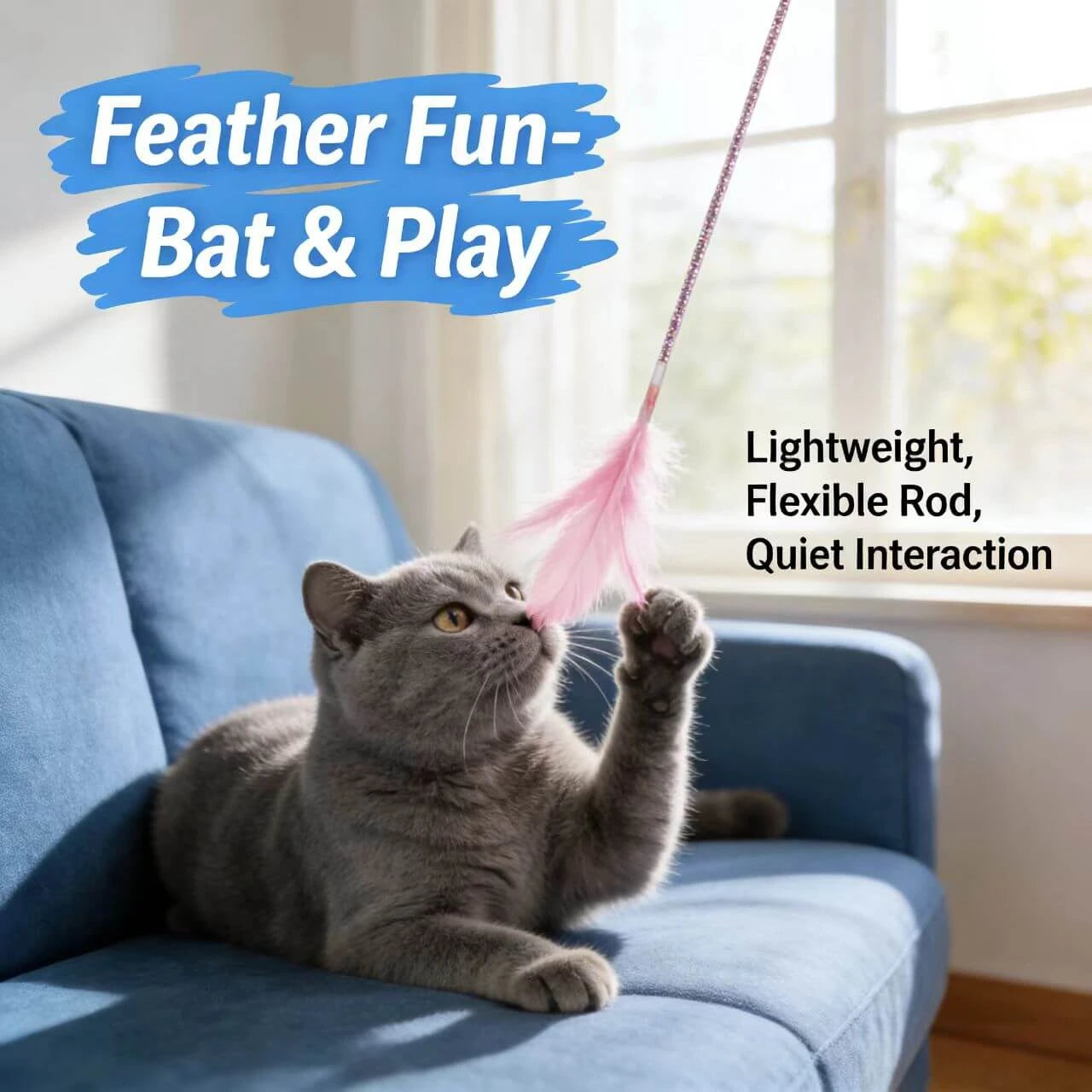 Feather Cat Teaser Wand - Sparkly Stick, Soft Pink Feathers, Interactive Cat Toy