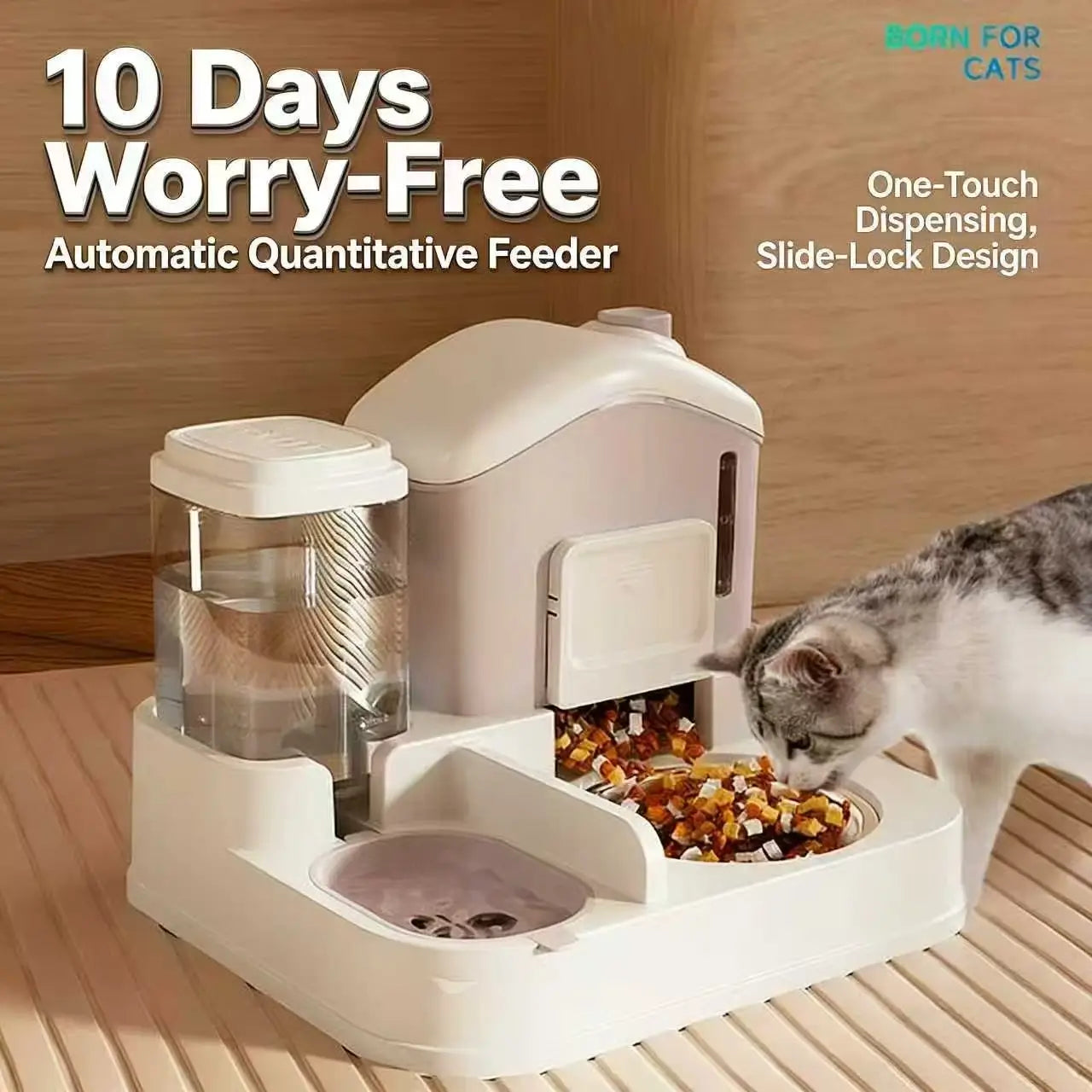 10-Day Auto Cat Feeder & Waterer: One-Touch Dispensing, Slide-Lock Design (Beige)