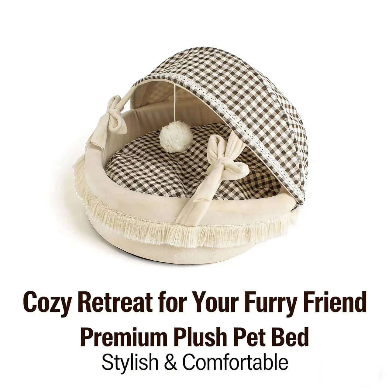 Indoor Cat Lounger - Soft Plush, Fringe Trim, Checkered Pattern