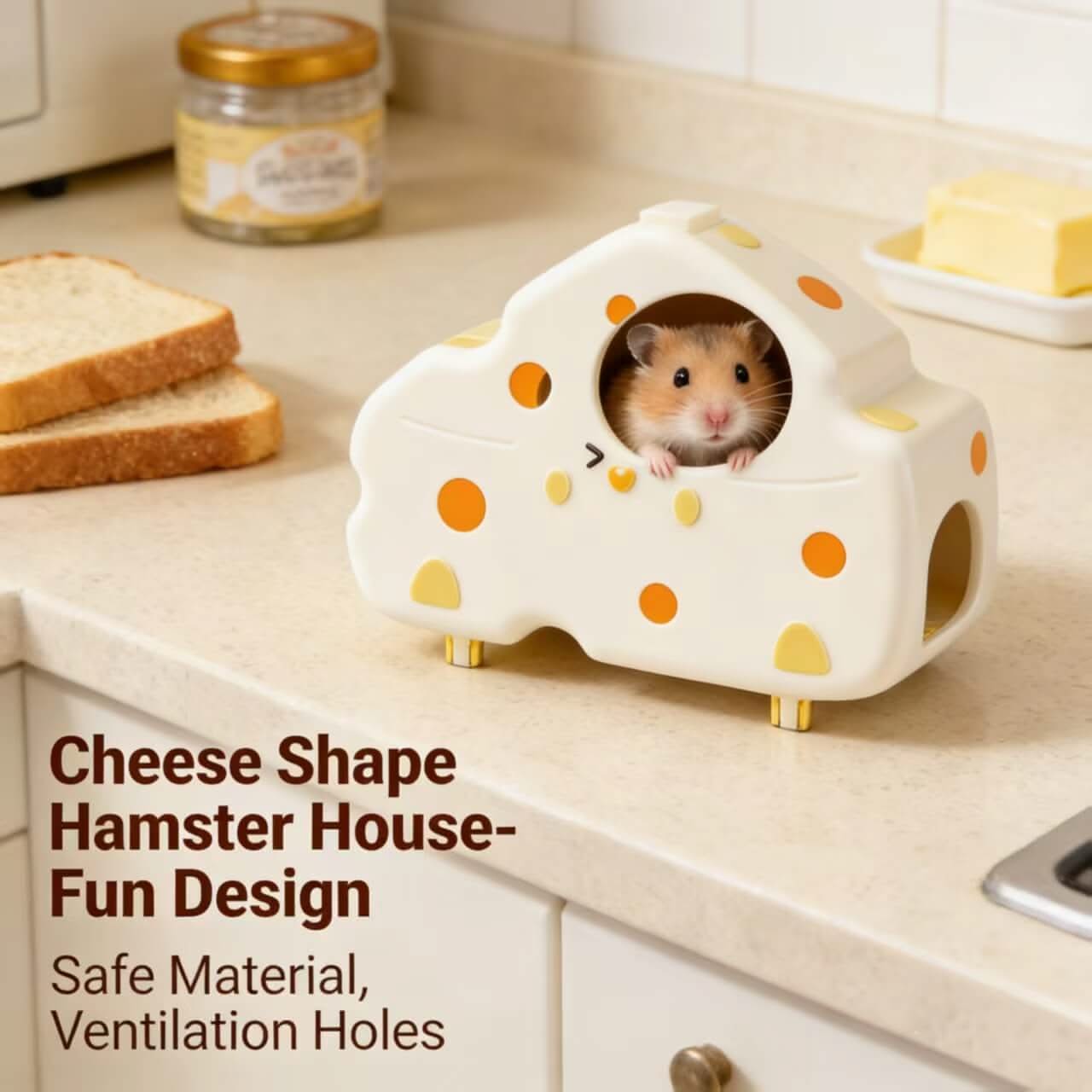 Fun-Design Hamster House for Hamsters - Cheese Shape, White-Orange, Safe Material, Ventilation Holes