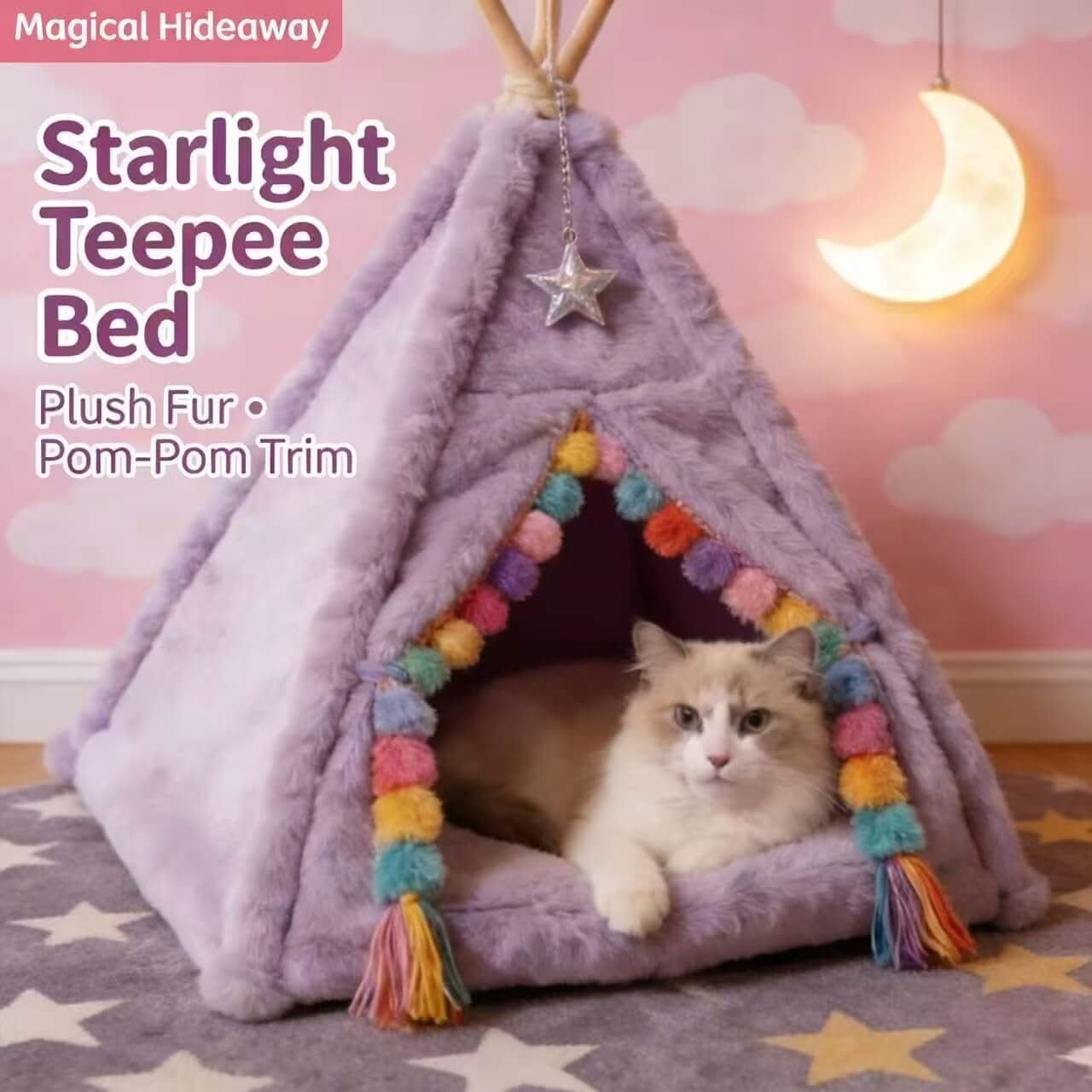 Pastel Pet Teepee Bed for Cats - Star Decor, Pom-Pom Trim, Plush, Purple, Cozy Hiding Spot, All-Season