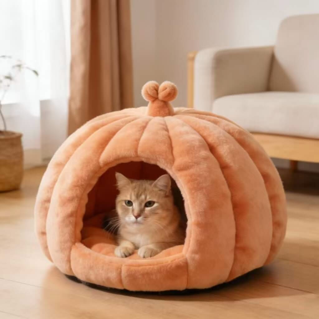 Pumpkin-Shaped Pet Cave Bed for Cats - Plush, Peach, Cozy Hiding Spot, All-Season