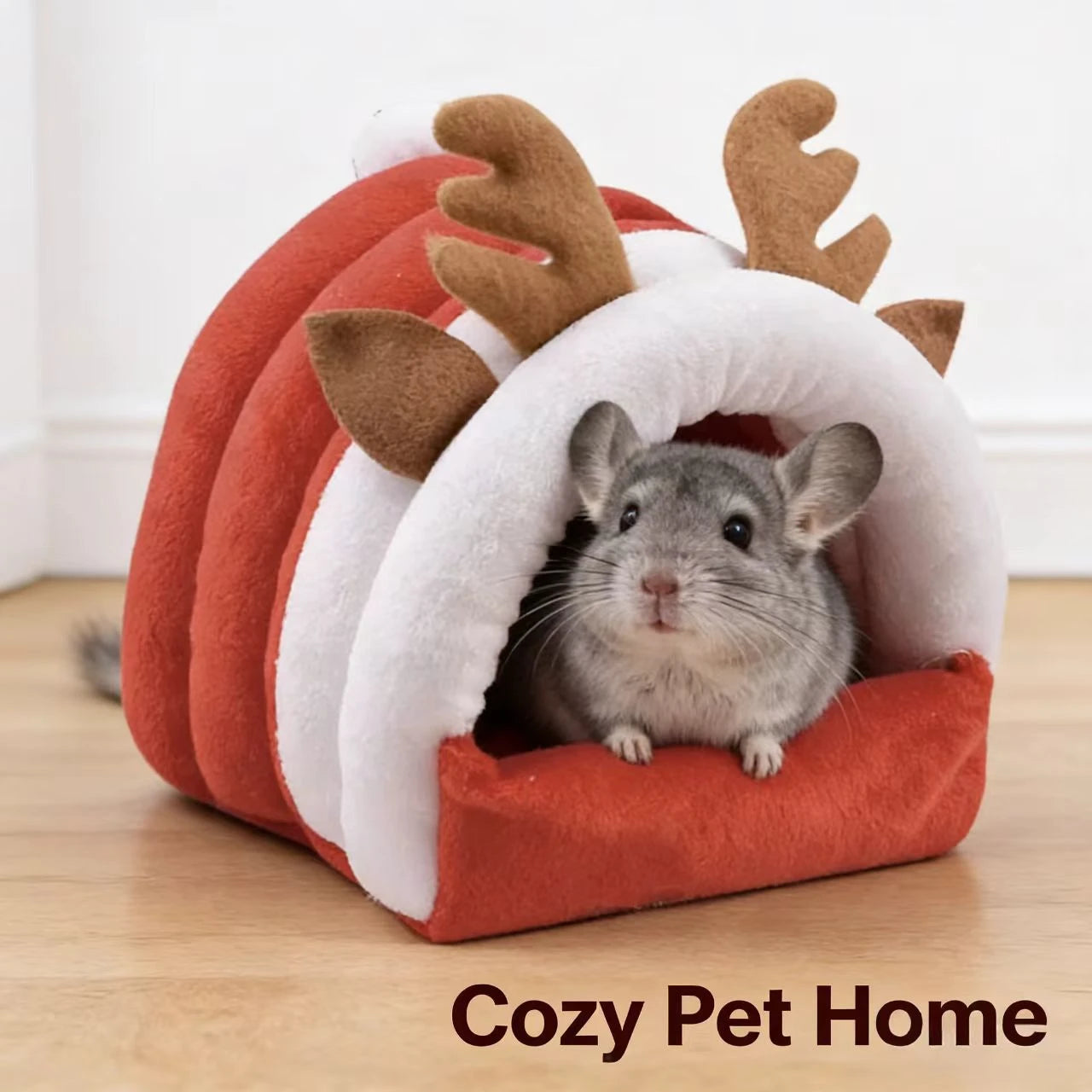 Cozy Hideaway Chinchilla Nest Red White Plush Reindeer Antler Christmas Pet House