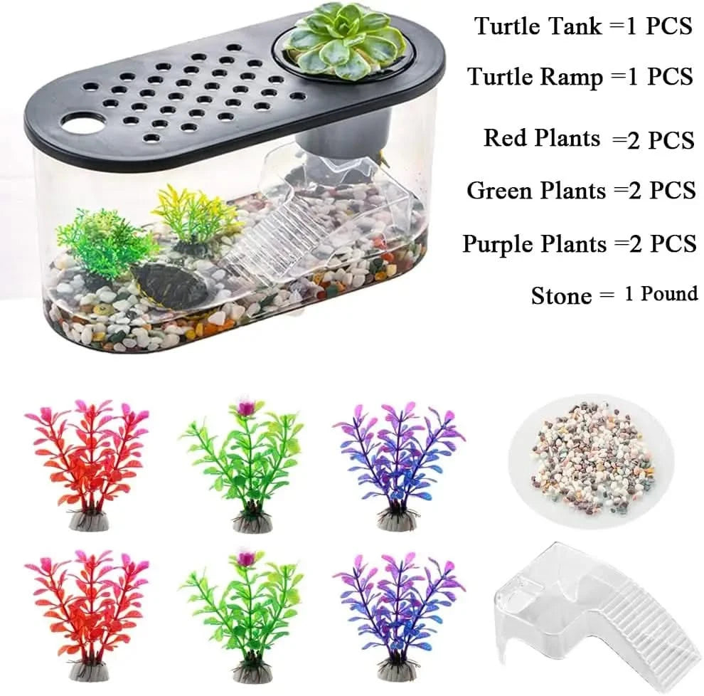 Complete Small Turtle Tank Kit: Reptile Aquarium, Basking Platform, Decor, Grass