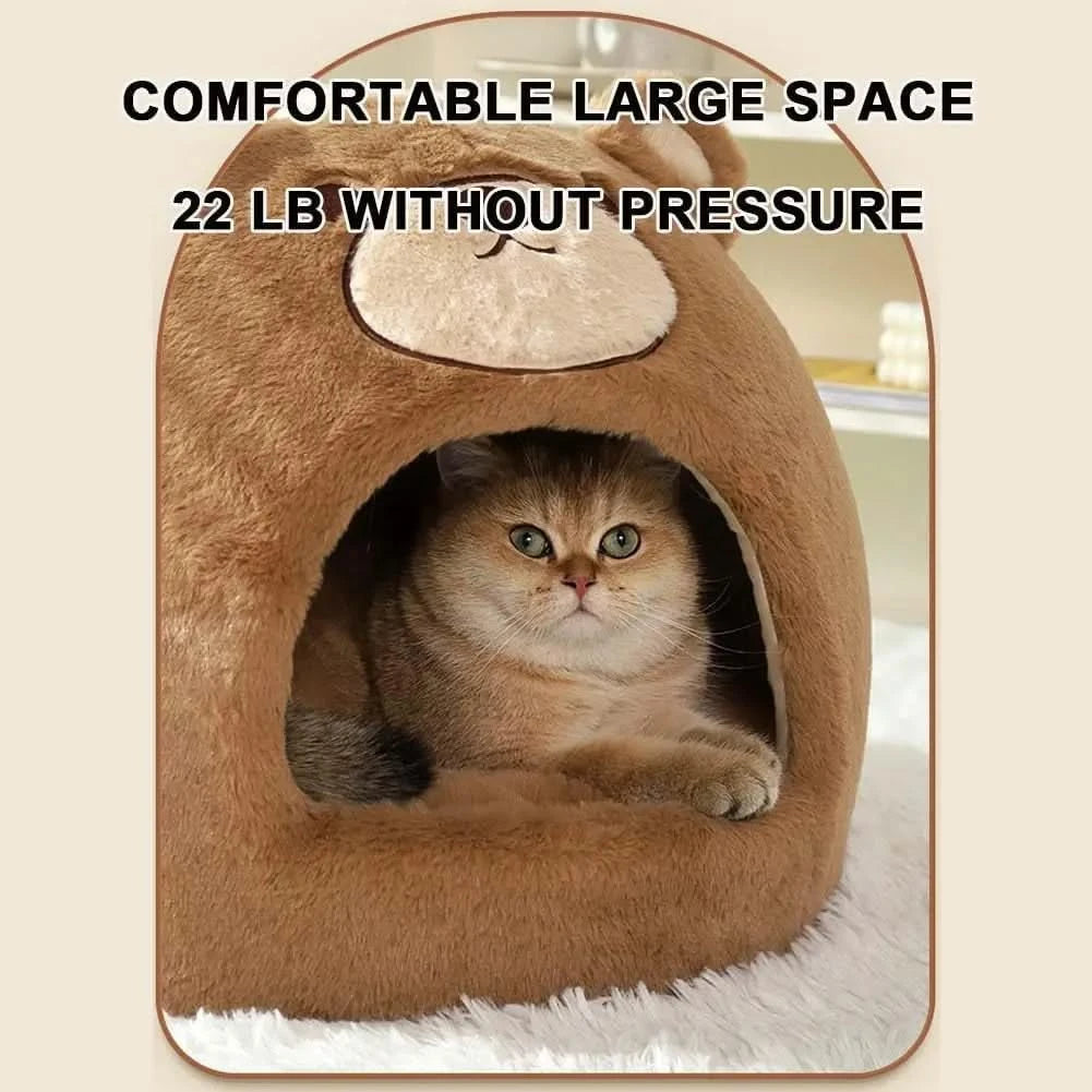 Cozy Bear Cat Cave Bed for Indoor Cats, Soft Calming Washable Pet Hideaway