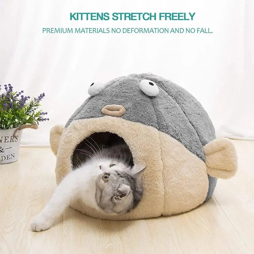 Cozy Pufferfish Cat Cave Bed with Washable Pillow, Soft Plush for Indoor Cats
