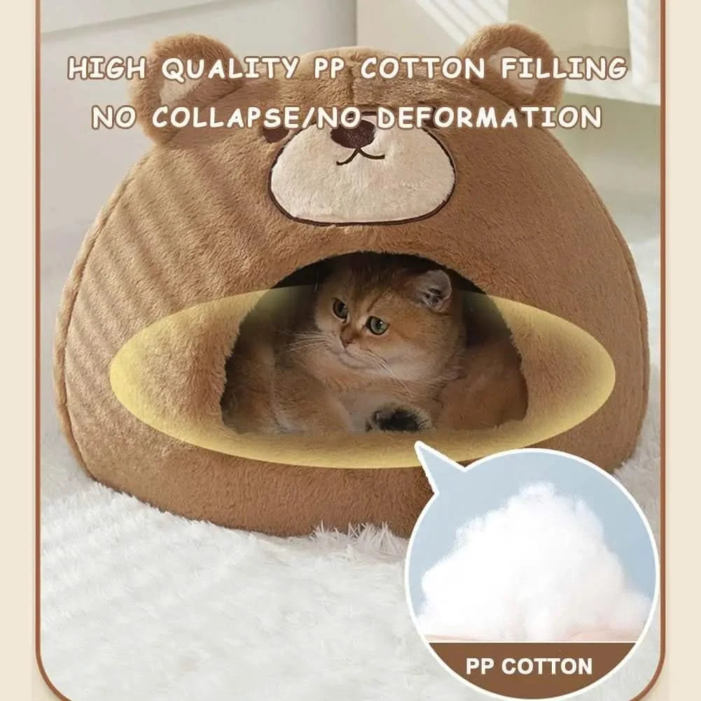 Cozy Bear Cat Cave Bed for Indoor Cats, Soft Calming Washable Pet Hideaway