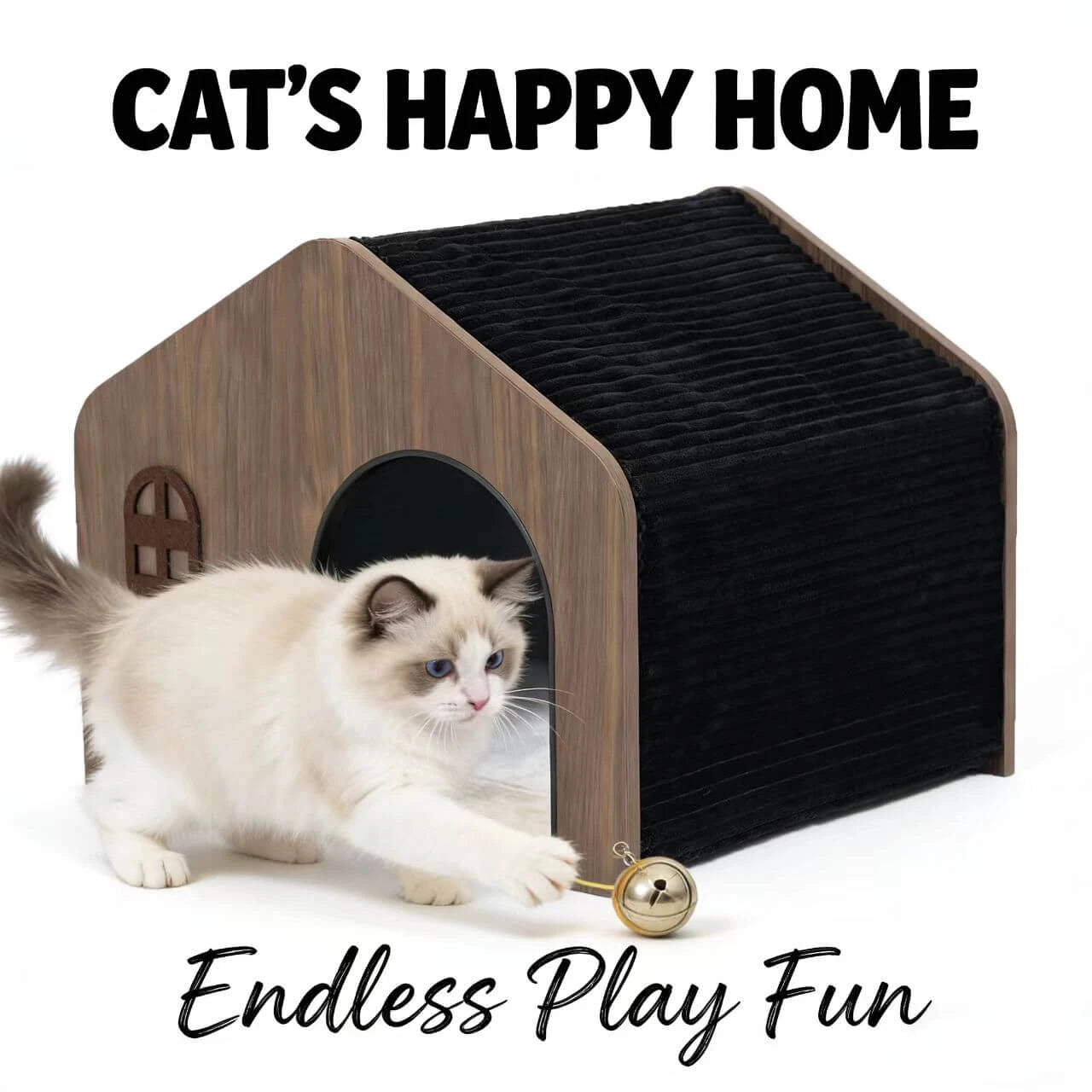 Sturdy Pet House for Cats - Cottage Design, Wood + Corduroy, Brown/Black Rest Space
