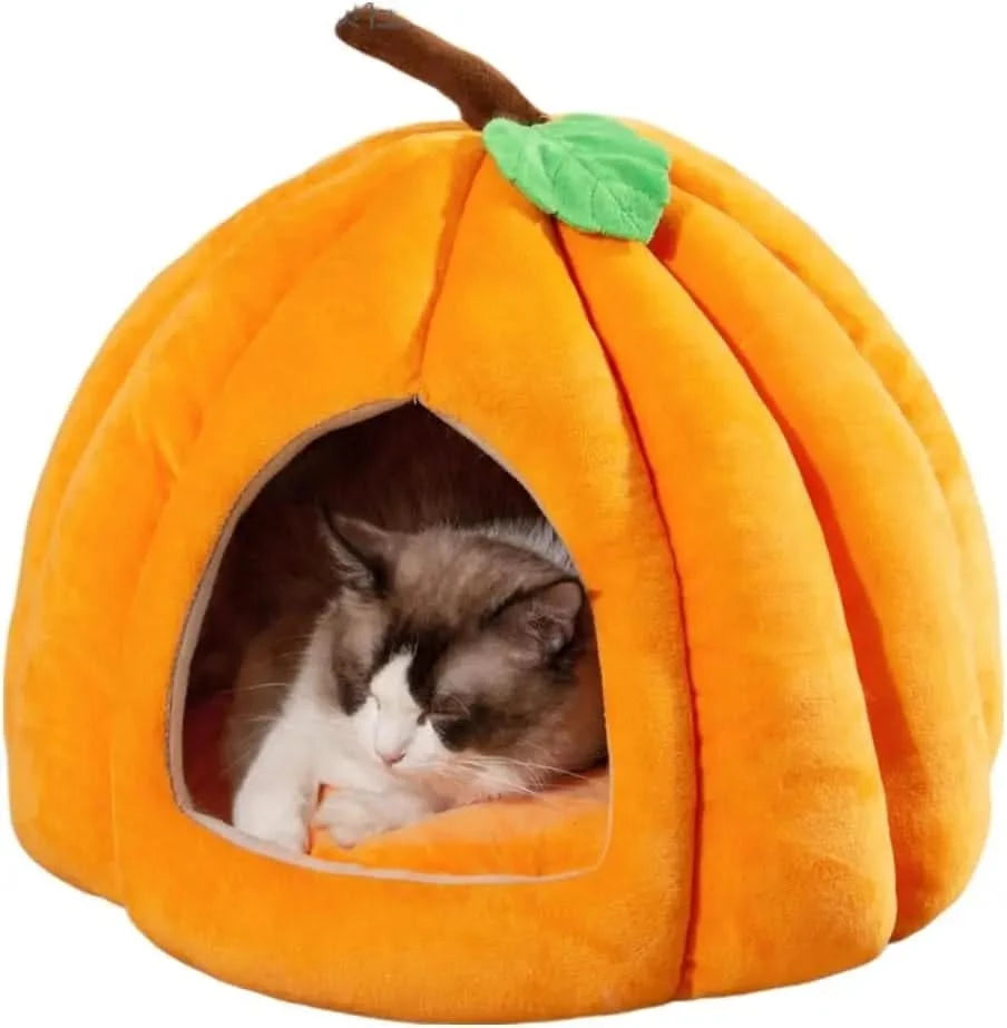 Cozy Pumpkin Cat Cave Bed for Indoor Cats & Small Dogs, Plush Warm Removable Cushion