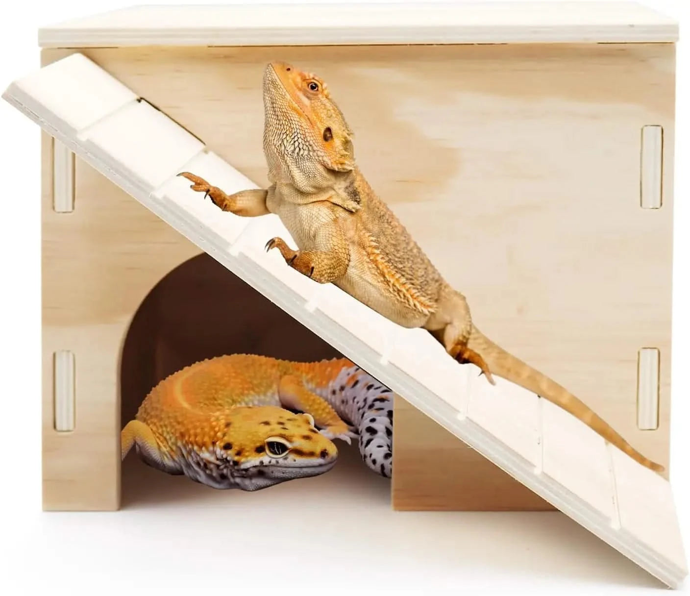 Natural Wooden Reptile Hideout Cave with Climbing Ramp & Basking Platform for Lizards